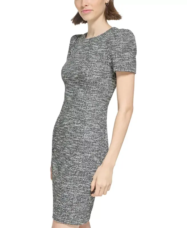 Women's Tweed Short-sleeve Sheath Mini Dress - Black.Cream - 3