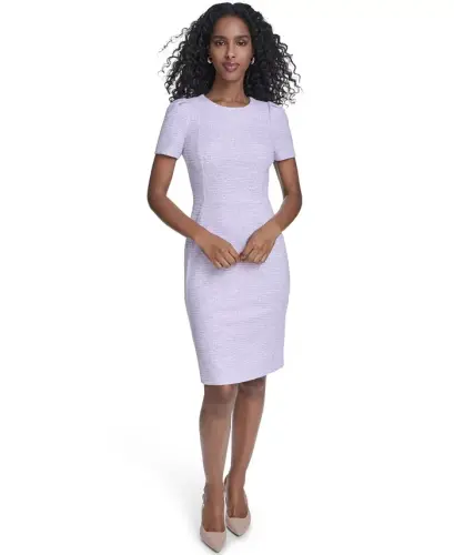 Women's Tweed Short-sleeve Sheath Mini Dress - Regal/cream - 1