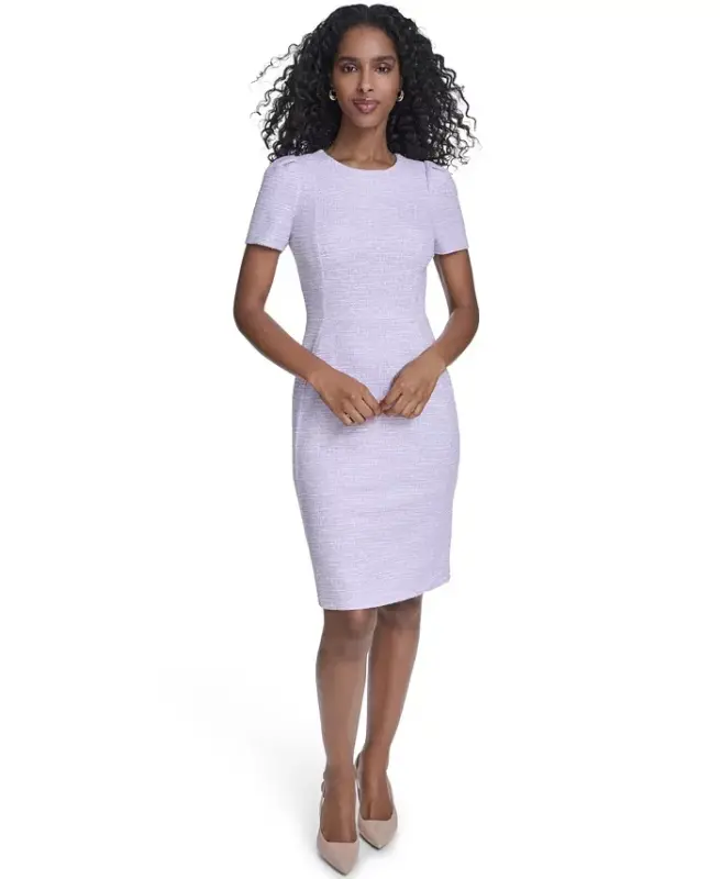 Women's Tweed Short-sleeve Sheath Mini Dress - Regal/cream - 1