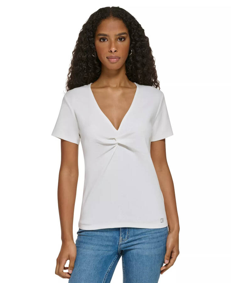 Women's Twist Front V-Neck T-Shirt Soft White - 1