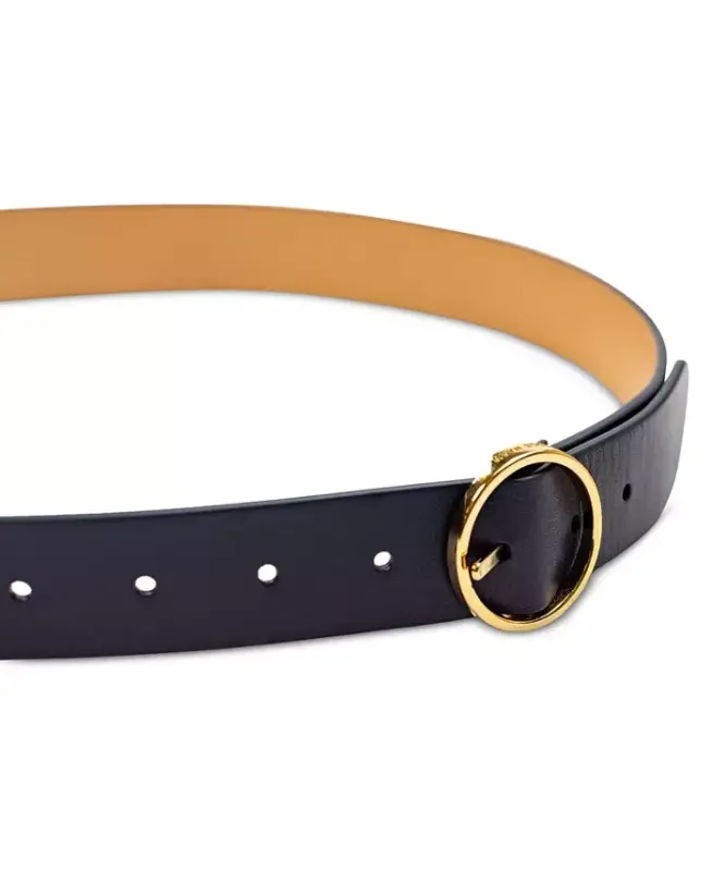 Women's Two-In-One Center Bar Reversible Genuine Leather Belt-Navy, Beige - 5