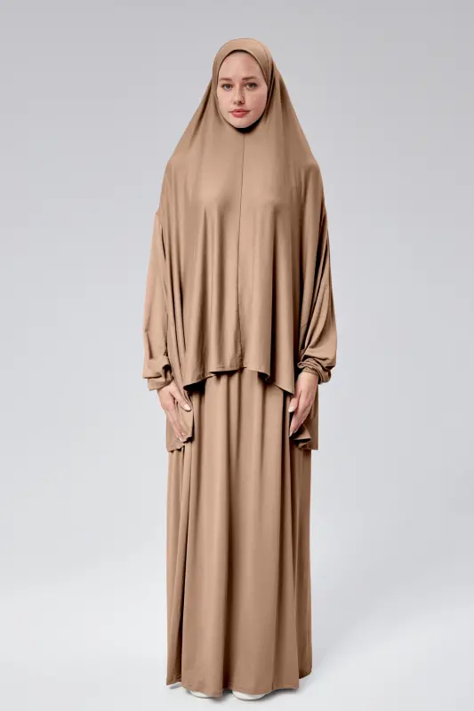 Women's Two-Piece Prayer Dress Headscarf Organic Cotton Elastic Sleeve Non-Slip Skirt Combed Cotton Hijab - Cafe Au Lait - 1