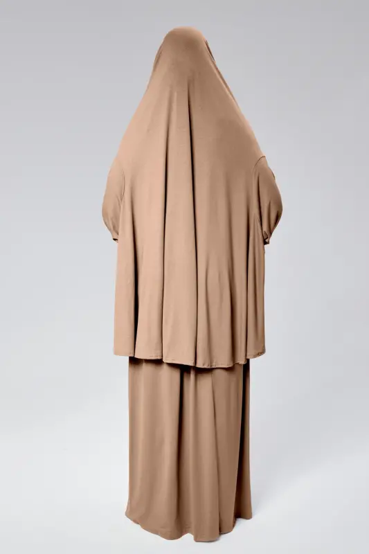 Women's Two-Piece Prayer Dress Headscarf Organic Cotton Elastic Sleeve Non-Slip Skirt Combed Cotton Hijab - Cafe Au Lait - 3