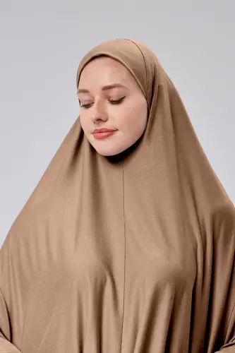 Women's Two-Piece Prayer Dress Headscarf Organic Cotton Elastic Sleeve Non-Slip Skirt Combed Cotton Hijab - Cafe Au Lait - 4