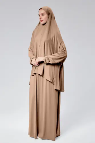 Women's Two-Piece Prayer Dress Headscarf Organic Cotton Elastic Sleeve Non-Slip Skirt Combed Cotton Hijab - Cafe Au Lait - 5
