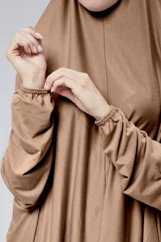 Women's Two-Piece Prayer Dress Headscarf Organic Cotton Elastic Sleeve Non-Slip Skirt Combed Cotton Hijab - Cafe Au Lait - 6