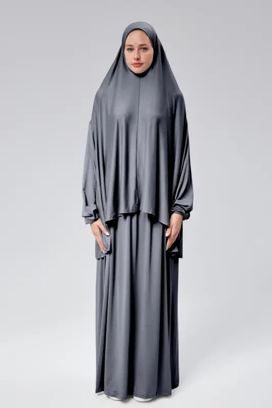 Women's Two-Piece Prayer Dress with Headscarf, Organic Cotton, Elasticated Non-Slip Sleeve Skirt, Jersey Modest Wear-Smoked - SONBAHARMODA