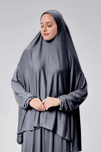 Women's Two-Piece Prayer Dress with Headscarf, Organic Cotton, Elasticated Non-Slip Sleeve Skirt, Jersey Modest Wear-Smoked - SONBAHARMODA (1)