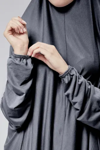 Women's Two-Piece Prayer Dress with Headscarf, Organic Cotton, Elasticated Non-Slip Sleeve Skirt, Jersey Modest Wear-Smoked - 6