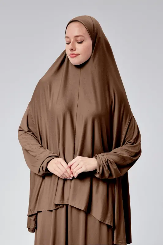 Women's Two-Piece Prayer Dress with Headscarf, Organic Cotton, Elasticated Non-Slip Sleeve Skirt, Knitted Modest Wear-Chocolate - 2