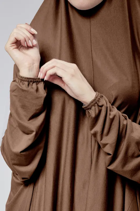 Women's Two-Piece Prayer Dress with Headscarf, Organic Cotton, Elasticated Non-Slip Sleeve Skirt, Knitted Modest Wear-Chocolate - 3