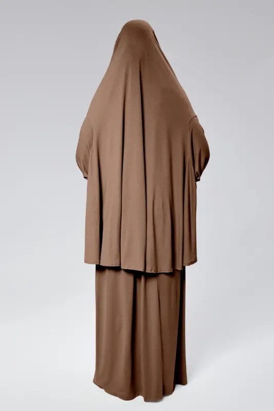 Women's Two-Piece Prayer Dress with Headscarf, Organic Cotton, Elasticated Non-Slip Sleeve Skirt, Knitted Modest Wear-Chocolate - 4