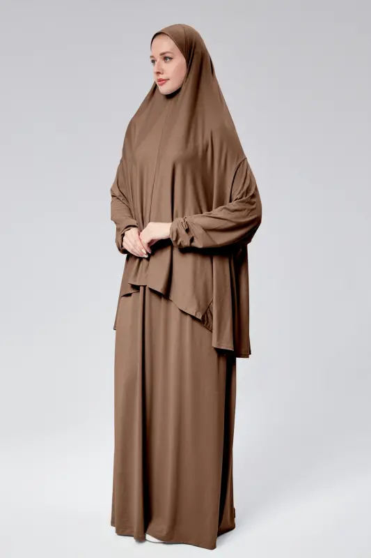 Women's Two-Piece Prayer Dress with Headscarf, Organic Cotton, Elasticated Non-Slip Sleeve Skirt, Knitted Modest Wear-Chocolate - 6