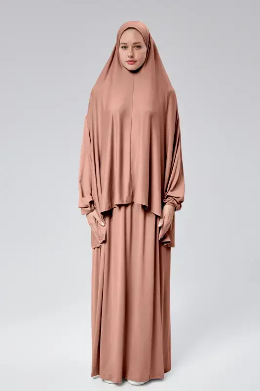 Women's Two-Piece Prayer Dress with Headscarf, Organic Cotton, Elasticated, Non-Slip Sleeve Skirt, Knitted Modest Wear - Rose - 1