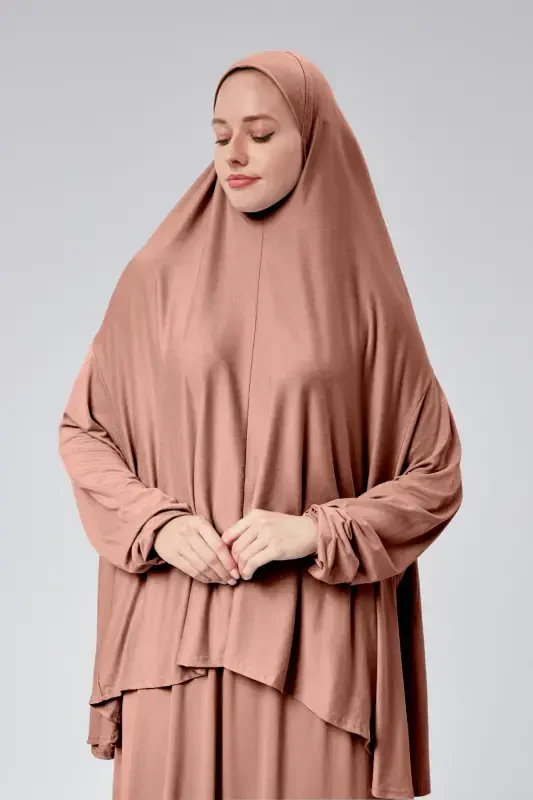 Women's Two-Piece Prayer Dress with Headscarf, Organic Cotton, Elasticated, Non-Slip Sleeve Skirt, Knitted Modest Wear - Rose - 2