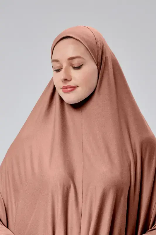 Women's Two-Piece Prayer Dress with Headscarf, Organic Cotton, Elasticated, Non-Slip Sleeve Skirt, Knitted Modest Wear - Rose - 4