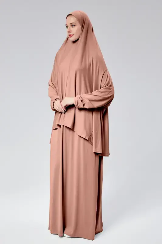 Women's Two-Piece Prayer Dress with Headscarf, Organic Cotton, Elasticated, Non-Slip Sleeve Skirt, Knitted Modest Wear - Rose - 5