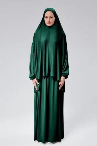 Women's Two-Piece Prayer Dress with Headscarf, Organic Cotton, Elasticated Wrists, Non-Slip Skirt, Knitted Modest Wear-Dark Green - 1