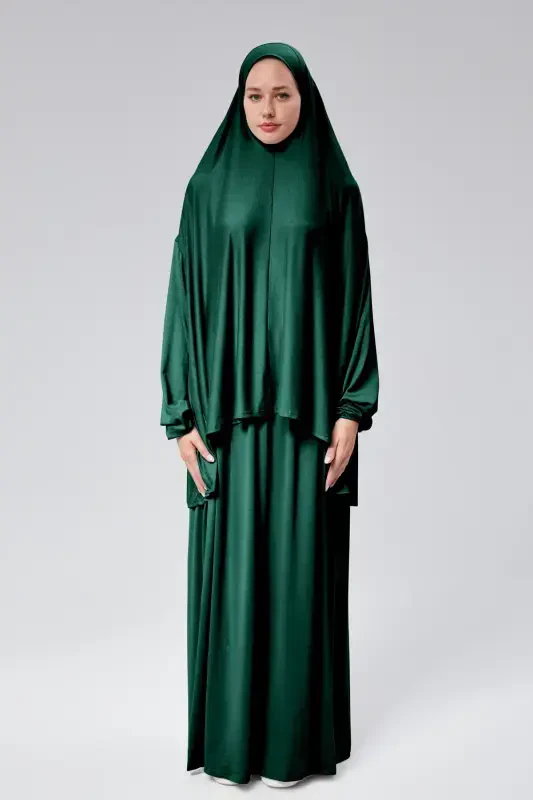 Women's Two-Piece Prayer Dress with Headscarf, Organic Cotton, Elasticated Wrists, Non-Slip Skirt, Knitted Modest Wear-Dark Green - 1