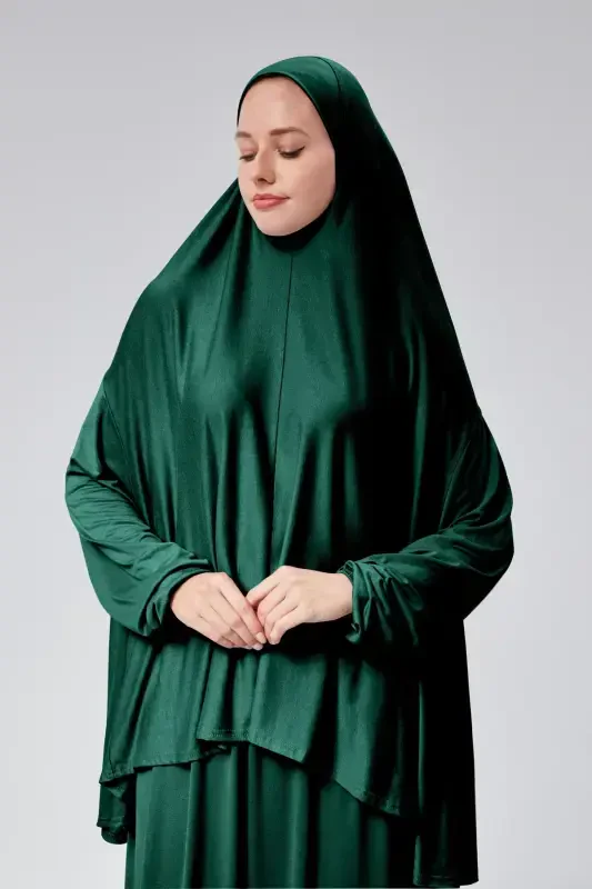 Women's Two-Piece Prayer Dress with Headscarf, Organic Cotton, Elasticated Wrists, Non-Slip Skirt, Knitted Modest Wear-Dark Green - 2