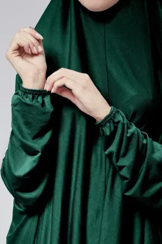 Women's Two-Piece Prayer Dress with Headscarf, Organic Cotton, Elasticated Wrists, Non-Slip Skirt, Knitted Modest Wear-Dark Green - 3