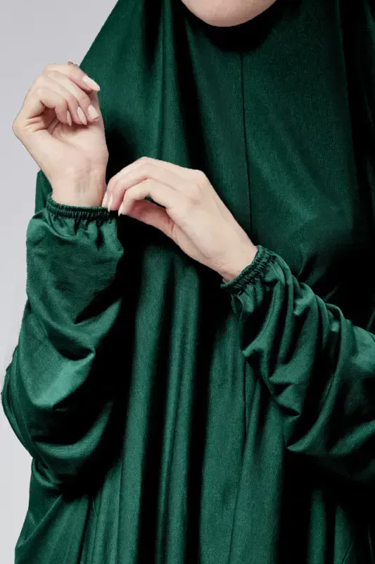 Women's Two-Piece Prayer Dress with Headscarf, Organic Cotton, Elasticated Wrists, Non-Slip Skirt, Knitted Modest Wear-Dark Green - 3