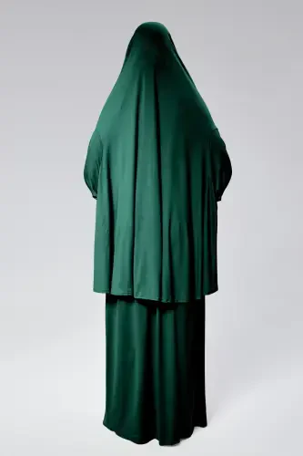 Women's Two-Piece Prayer Dress with Headscarf, Organic Cotton, Elasticated Wrists, Non-Slip Skirt, Knitted Modest Wear-Dark Green - 4
