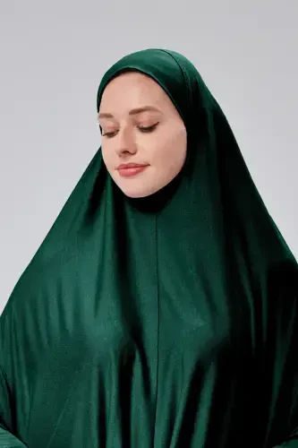 Women's Two-Piece Prayer Dress with Headscarf, Organic Cotton, Elasticated Wrists, Non-Slip Skirt, Knitted Modest Wear-Dark Green - 5