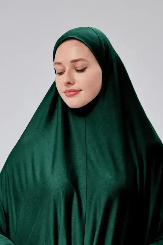 Women's Two-Piece Prayer Dress with Headscarf, Organic Cotton, Elasticated Wrists, Non-Slip Skirt, Knitted Modest Wear-Dark Green - 5