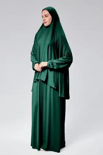 Women's Two-Piece Prayer Dress with Headscarf, Organic Cotton, Elasticated Wrists, Non-Slip Skirt, Knitted Modest Wear-Dark Green - 6