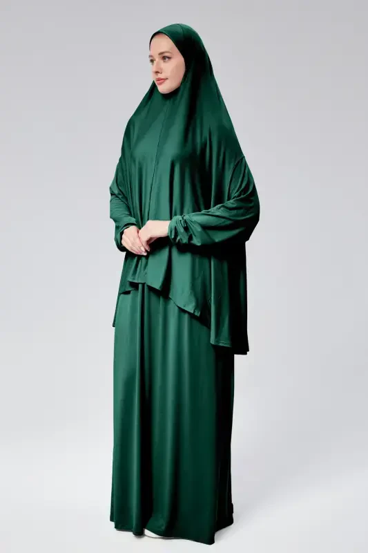 Women's Two-Piece Prayer Dress with Headscarf, Organic Cotton, Elasticated Wrists, Non-Slip Skirt, Knitted Modest Wear-Dark Green - 6