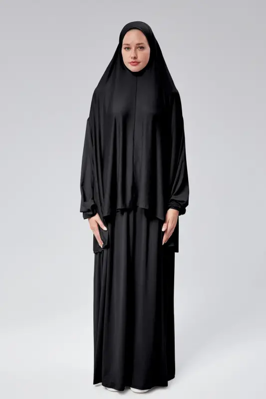 Women's Two-Piece Prayer Dress with Veil Organic Cotton Elastic Sleeve Non-Slip Skirt Cotton Jersey Hijab - 2