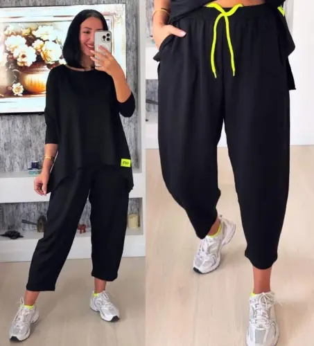 Women's Two-Piece Set with Patch Detail in Two-Thread Viscose Cotton Fabric - BÜYÜKBEDENIZ (1)