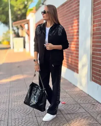 Women's Two Thread Fabric Sequin and Zipper Detailed Suit - 4