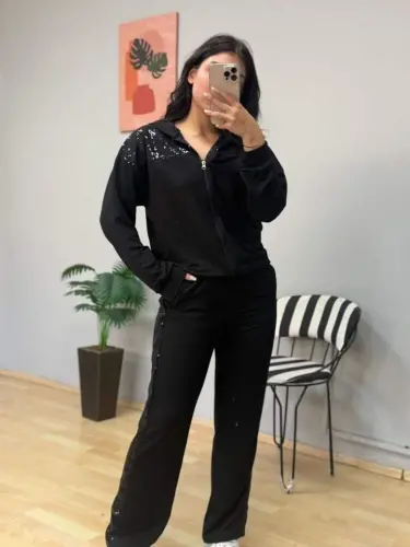 Women's Two Thread Fabric Sequin and Zipper Detailed Two Piece Set - 1