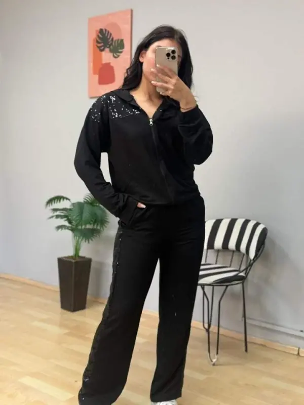 Women's Two Thread Fabric Sequin and Zipper Detailed Two Piece Set - BÜYÜKBEDENIZ