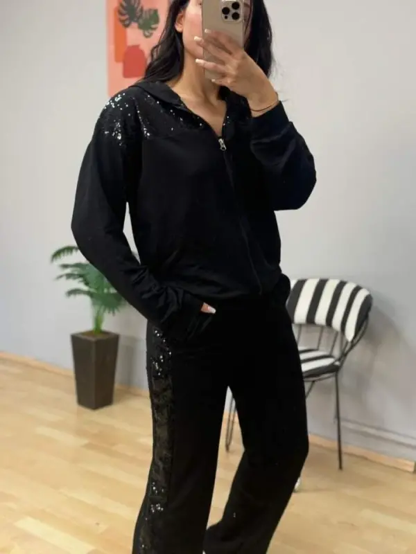 Women's Two Thread Fabric Sequin and Zipper Detailed Two Piece Set - 3