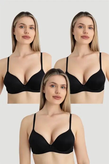 Women's Underwire Padded Push-up Bra 3-Piece Set Black - BÜYÜKBEDENIZ