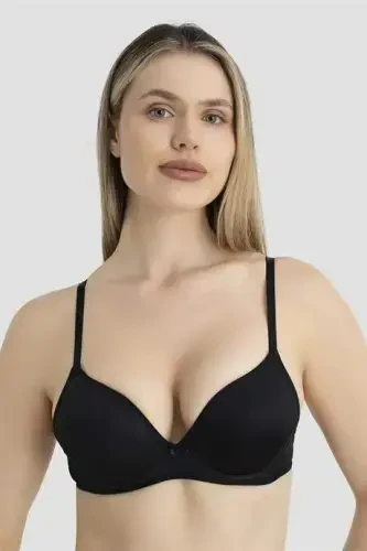 Women's Underwire Padded Push-up Bra 3-Piece Set Black - BÜYÜKBEDENIZ (1)