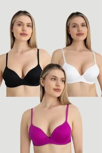 Women's Underwire Push-up Padded Bra 3-pack Black White Plum - 14