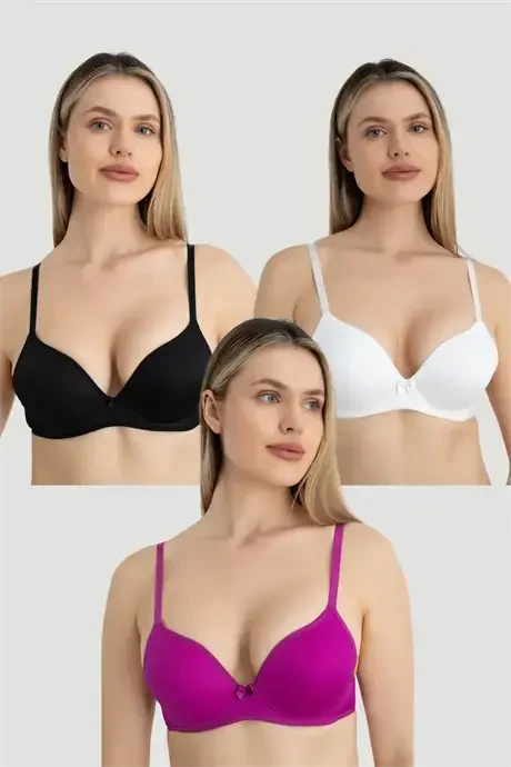Women's Underwire Push-up Padded Bra 3-pack Black White Plum - 7