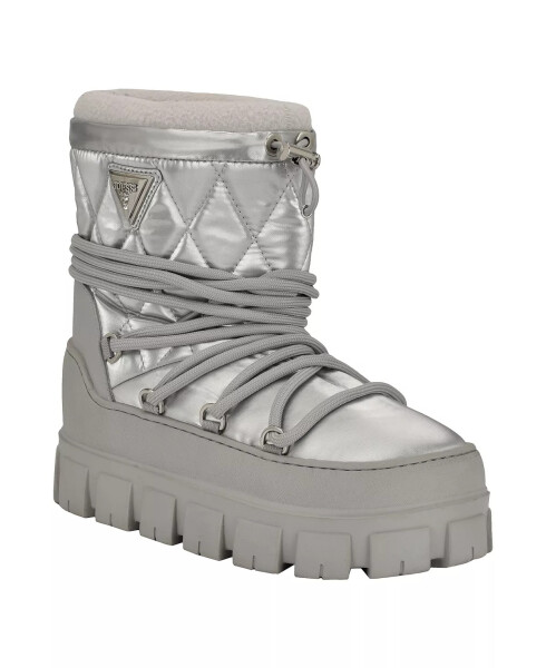 Women's Unique Round Toe Lug Sole Cold Weather Puffy Winter Booties Silver - 1