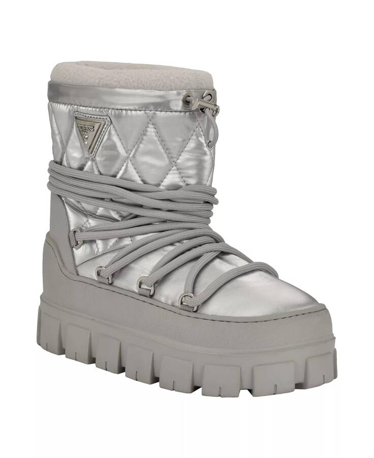 Women's Unique Round Toe Lug Sole Cold Weather Puffy Winter Booties Silver - 1