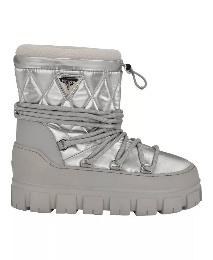 Women's Unique Round Toe Lug Sole Cold Weather Puffy Winter Booties Silver - 2