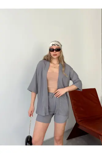 Women's Unprinted Off-Shoulder Shorts Kimono Set-Smoked 