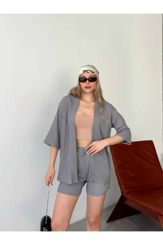 Women's Unprinted Off-Shoulder Shorts Kimono Set-Smoked - AFROGİYİM