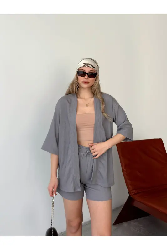 Women's Unprinted Off-Shoulder Shorts Kimono Set-Smoked - 3