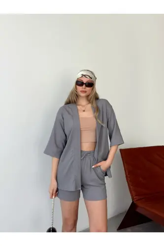 Women's Unprinted Off-Shoulder Shorts Kimono Set-Smoked - 5