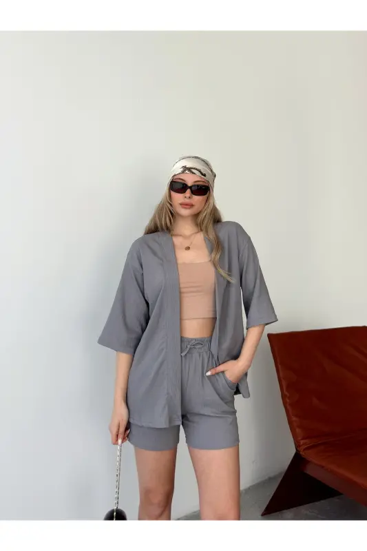 Women's Unprinted Off-Shoulder Shorts Kimono Set-Smoked - 5