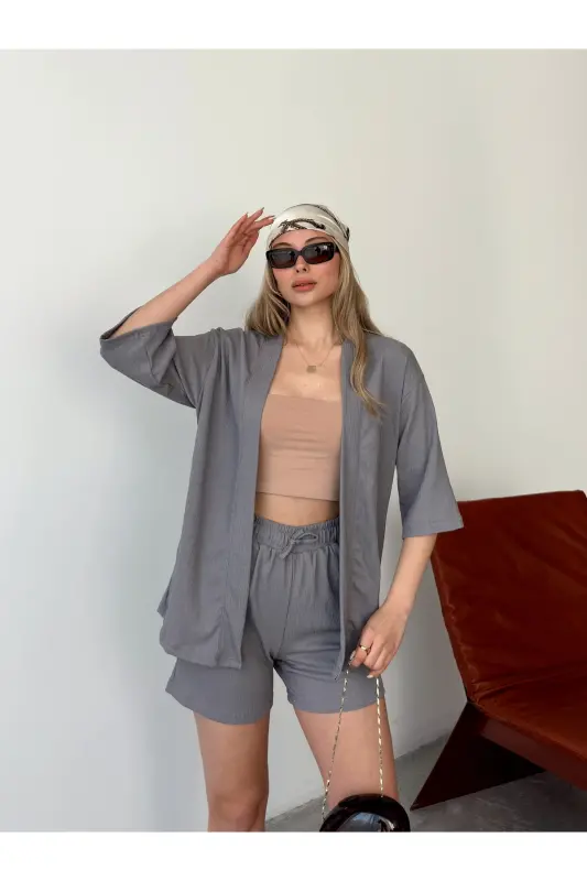 Women's Unprinted Off-Shoulder Shorts Kimono Set-Smoked - 6